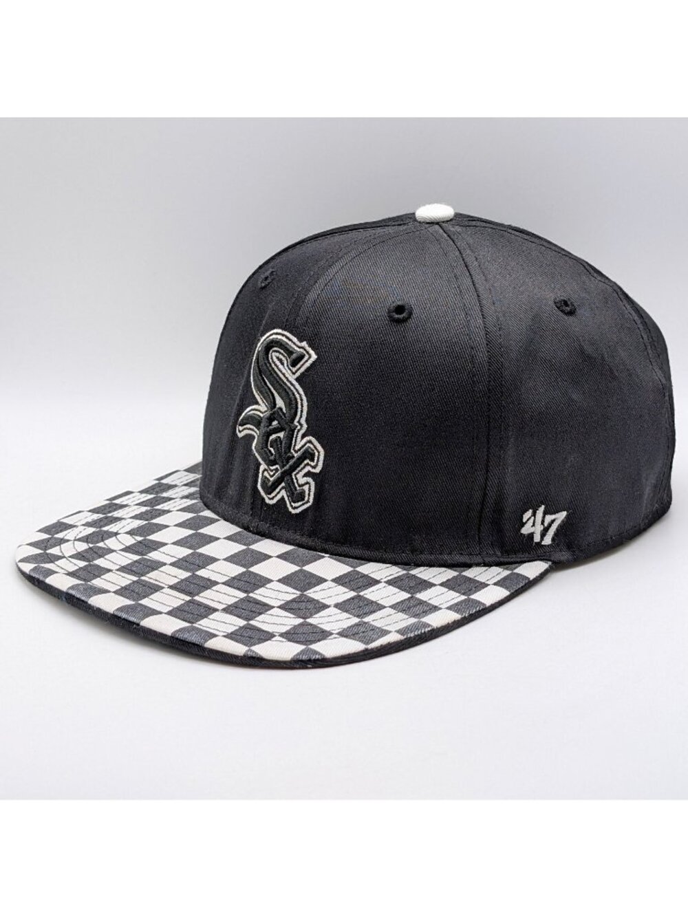 Chicago White Sox Snapback Hat YOUTH '47 Brand Black White Checkered Flat Bill - Picture 1 of 6